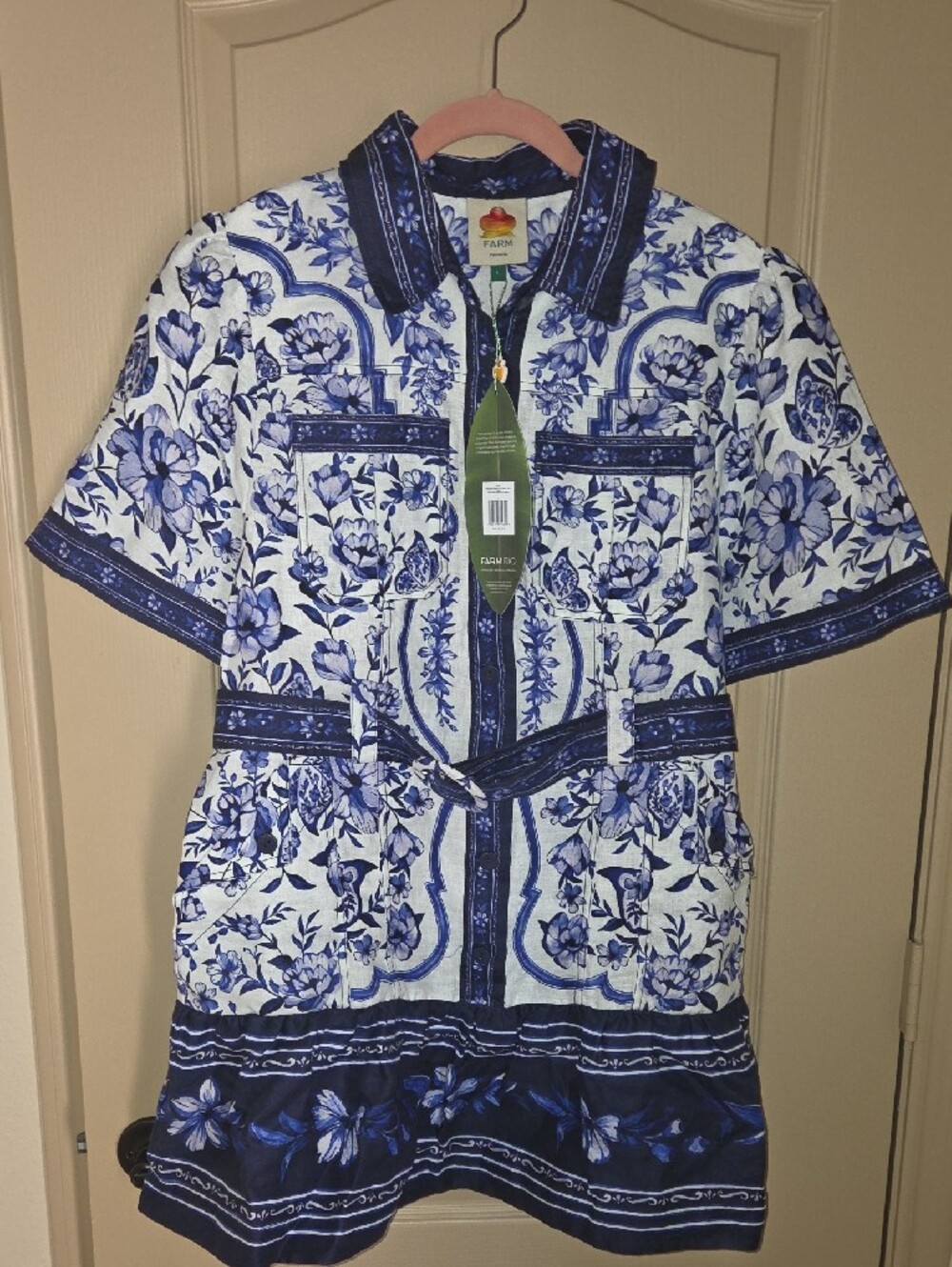 Women's FARM Rio White & Blue Floral Short-Sleeve Button-Down Shirt Dress - Picture 5 of 13